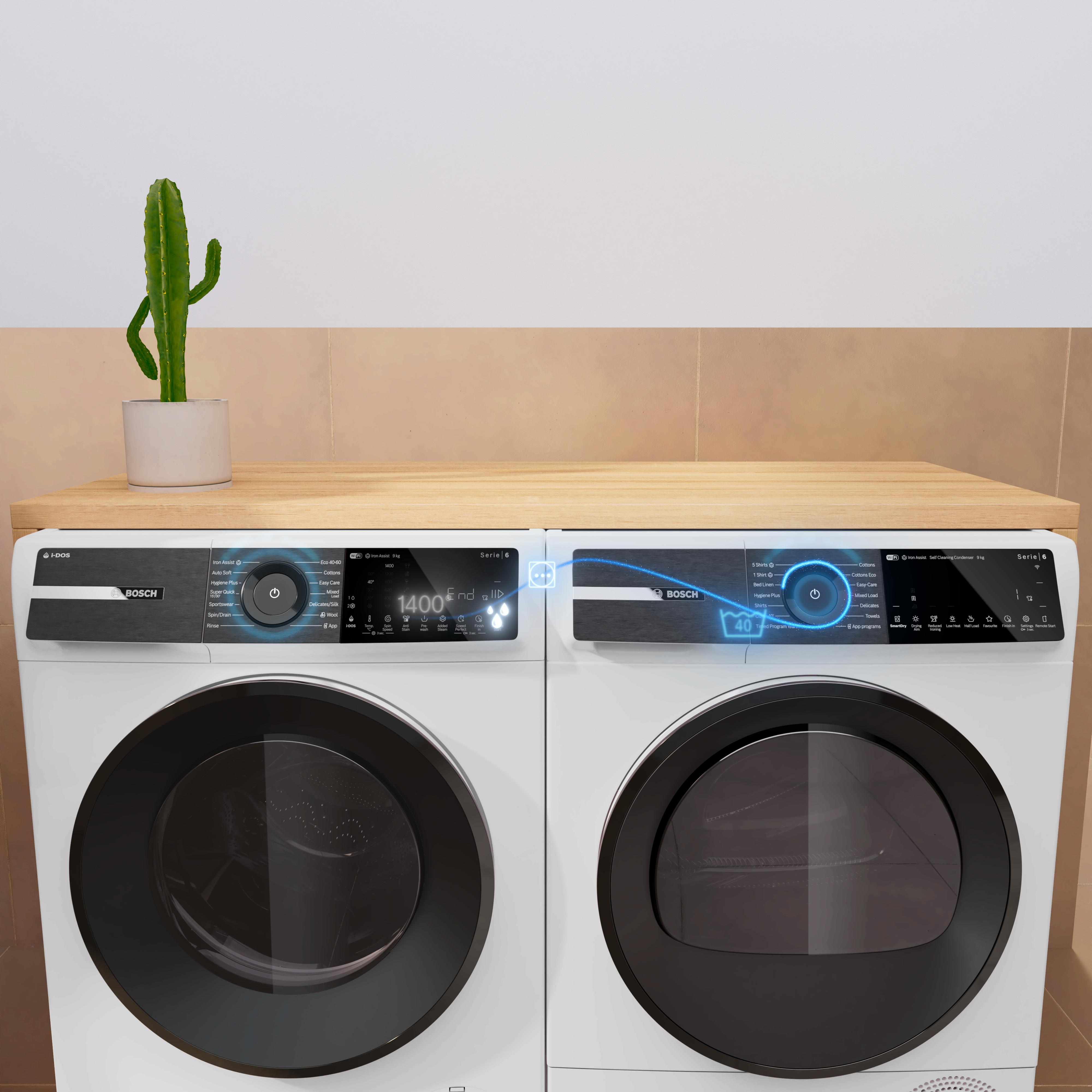 SmartDry: Máy giặt kết nối máy sấy tự đề xuất chế độ sấy phù hợp. SmartDry: Máy giặt kết nối máy sấy tự đề xuất chế độ sấy phù hợp.