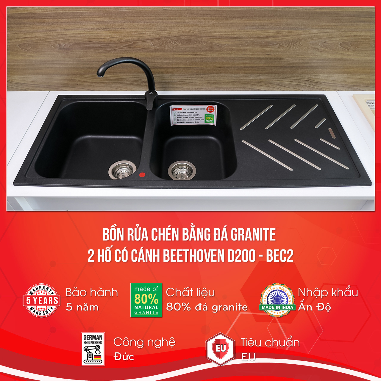 Chậu rửa Carysil BEC2-03 | màu đen - Nera | nhập khẩu nguyên chiếc từ Ấn Độ 