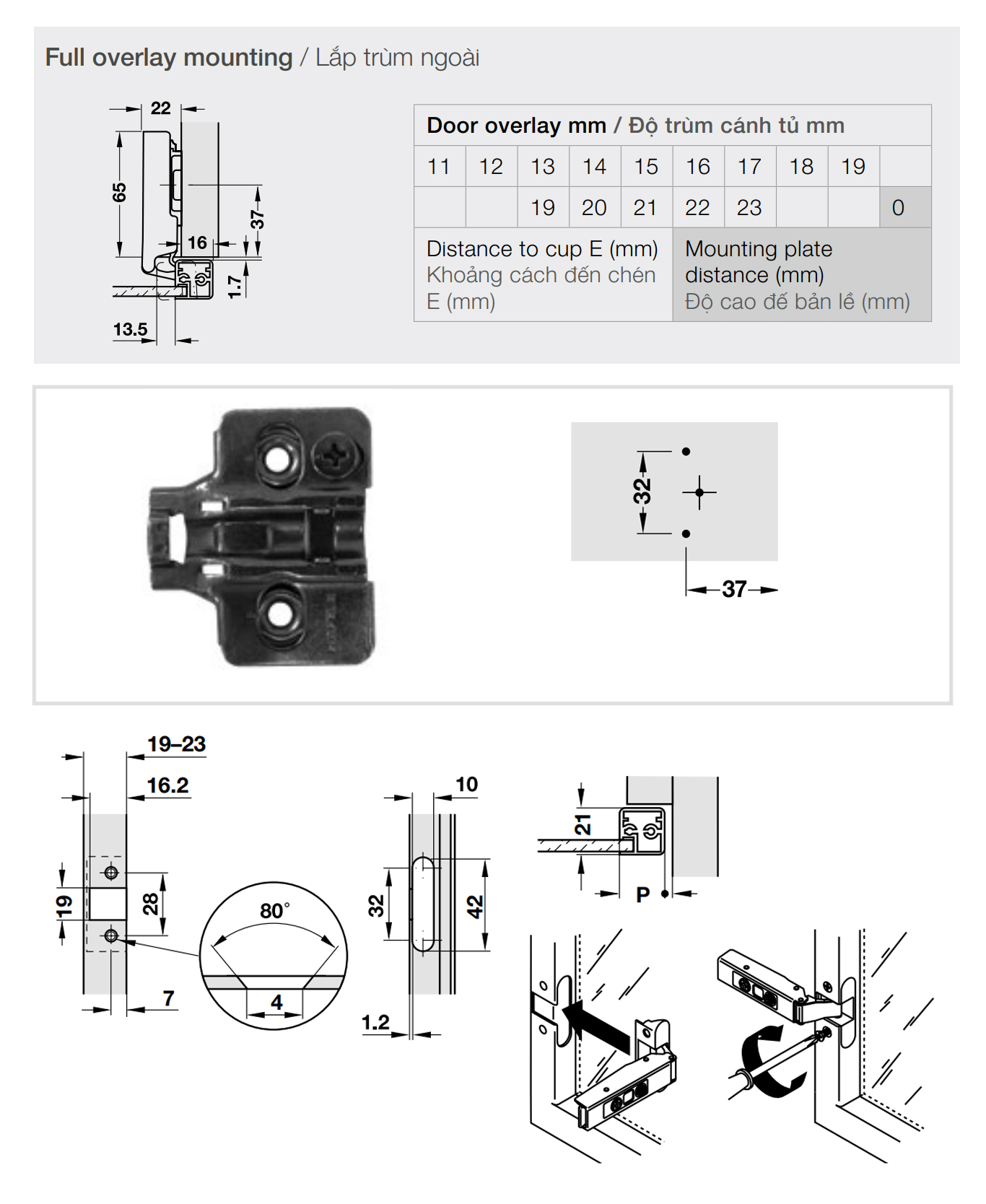 Kích thước lắp đặt | Bản lề cho cửa khung nhôm giảm chấn thép mạ kẽm màu đen lắp trùm ngoài Metalla SM 110º kèm đế Hafele 315.26.710 + 315.98.656 Kích thước lắp đặt | Bản lề cho cửa khung nhôm giảm chấn thép mạ kẽm màu đen lắp trùm ngoài Metalla SM 110º kèm đế Hafele 315.26.710 + 315.98.656