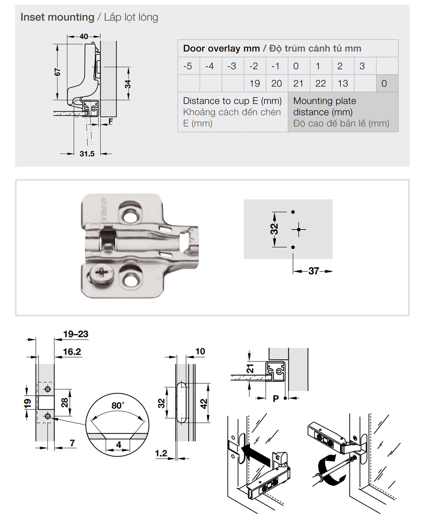 Kích thước lắp đặt | Bản lề cho cửa khung nhôm giảm chấn thép mạ kẽm màu sáng lắp lọt lòng Metalla SM 110º kèm đế Hafele 315.26.702 + 315.98.670 Kích thước lắp đặt | Bản lề cho cửa khung nhôm giảm chấn thép mạ kẽm màu sáng lắp lọt lòng Metalla SM 110º kèm đế Hafele 315.26.702 + 315.98.670