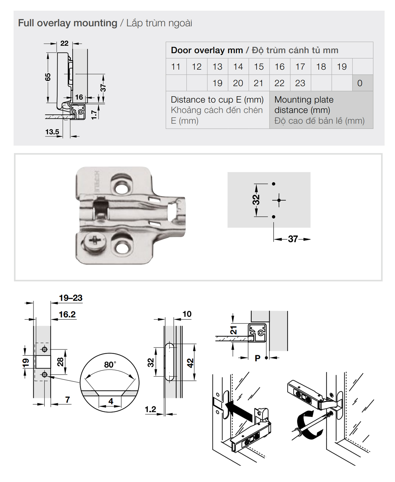 Kích thước lắp đặt | Bản lề cho cửa khung nhôm giảm chấn thép mạ kẽm màu sáng lắp trùm ngoài Metalla SM 110º kèm đế Hafele 315.26.700 + 315.98.670 Kích thước lắp đặt | Bản lề cho cửa khung nhôm giảm chấn thép mạ kẽm màu sáng lắp trùm ngoài Metalla SM 110º kèm đế Hafele 315.26.700 + 315.98.670