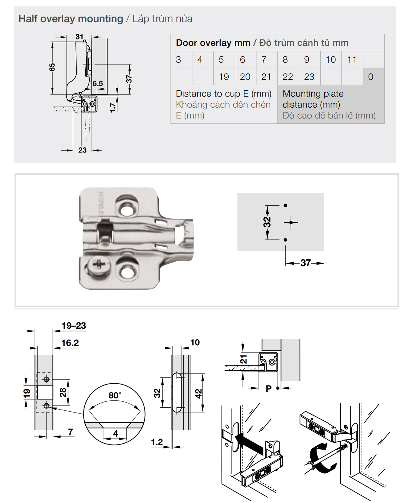 Kích thước lắp đặt | Bản lề cho cửa khung nhôm giảm chấn thép mạ kẽm màu sáng lắp trùm nửa Metalla SM 110º kèm đế Hafele 315.26.701 + 315.98.670 Kích thước lắp đặt | Bản lề cho cửa khung nhôm giảm chấn thép mạ kẽm màu sáng lắp trùm nửa Metalla SM 110º kèm đế Hafele 315.26.701 + 315.98.670