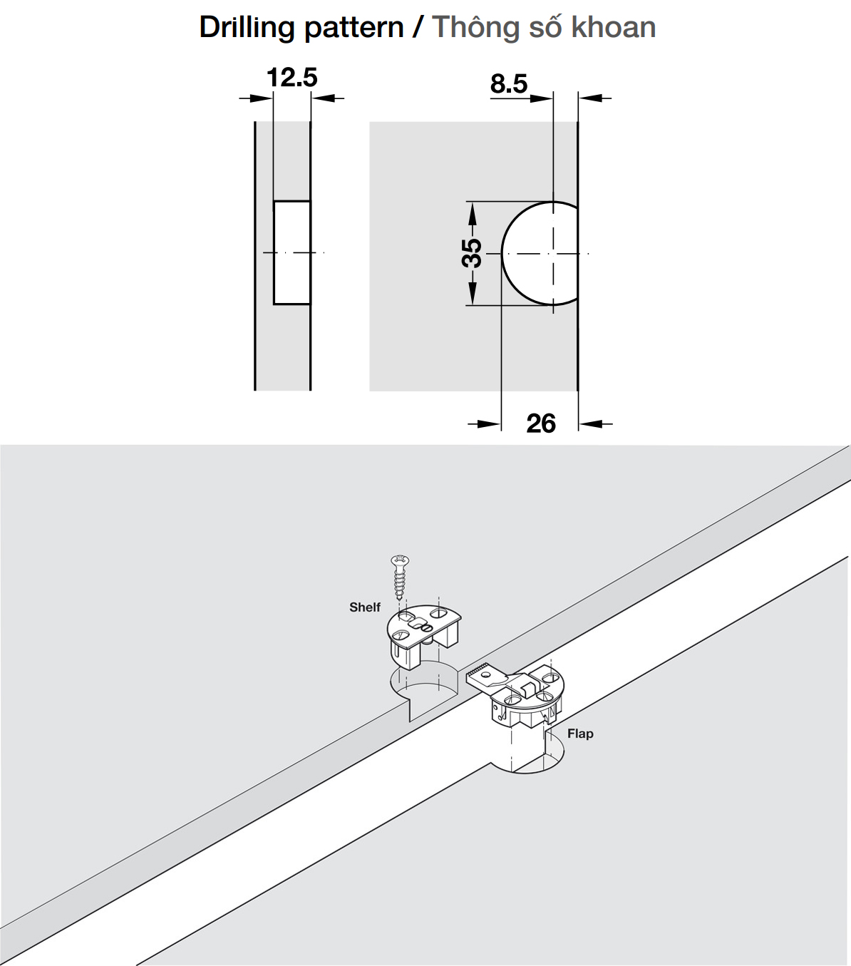 Thông số khoan | Bản lề cửa lật cho cánh gỗ Hafele 342.66.730 Thông số khoan | Bản lề cửa lật cho cánh gỗ Hafele 342.66.730