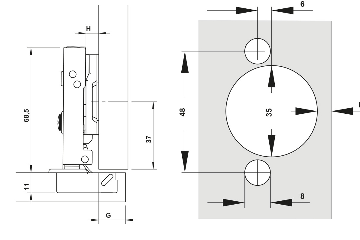 Kích thước lắp đặt | Bản lề giảm chấn INOX SUS304 lắp trùm ngoài Metalla SM 110º (DIY) Hafele 315.07.113 Kích thước lắp đặt | Bản lề giảm chấn INOX SUS304 lắp trùm ngoài Metalla SM 110º (DIY) Hafele 315.07.113