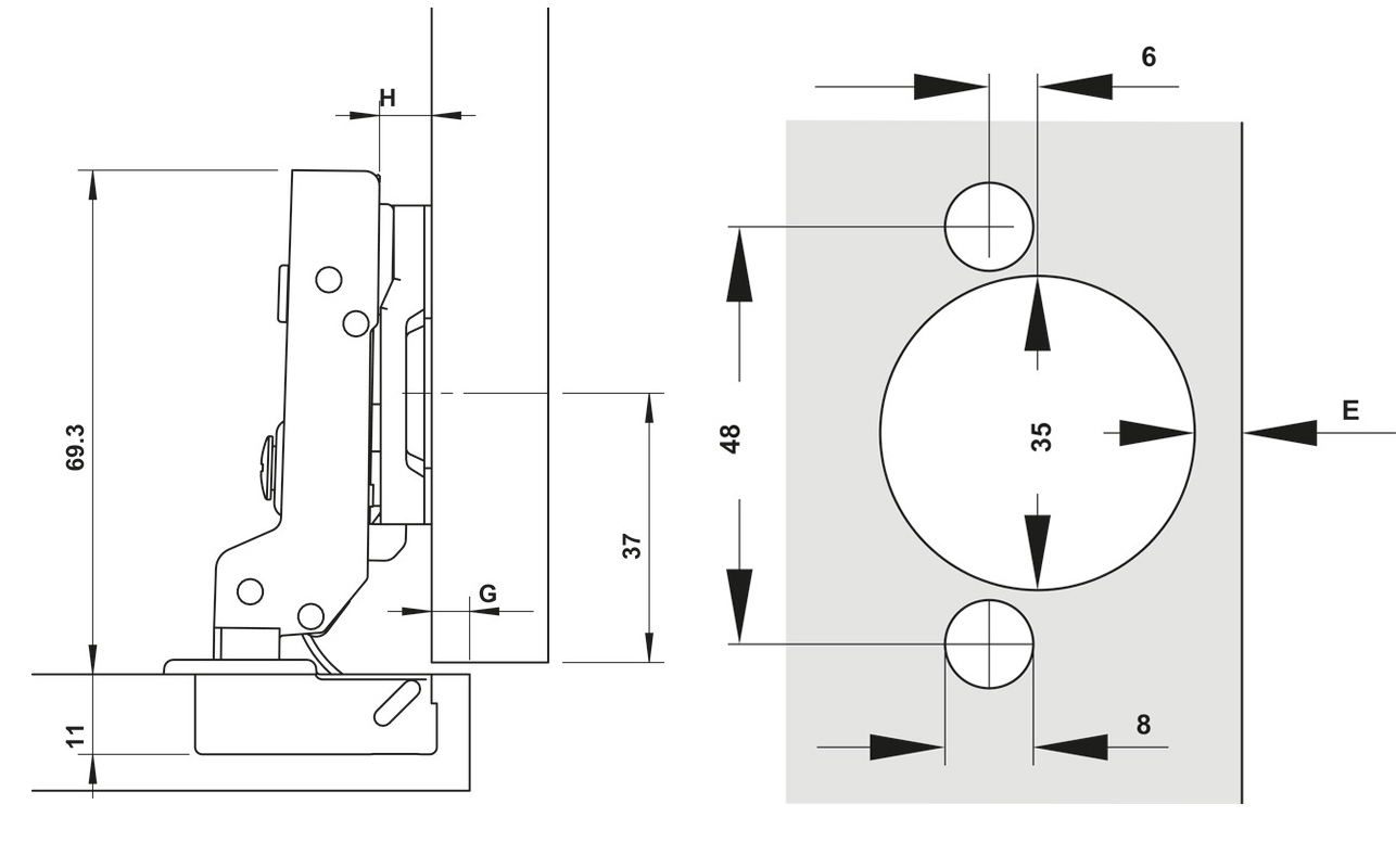 Kích thước lắp đặt | Bản lề giảm chấn INOX SUS304 lắp trùm nửa Metalla SM 110º (DIY) Hafele 315.07.114 Kích thước lắp đặt | Bản lề giảm chấn INOX SUS304 lắp trùm nửa Metalla SM 110º (DIY) Hafele 315.07.114