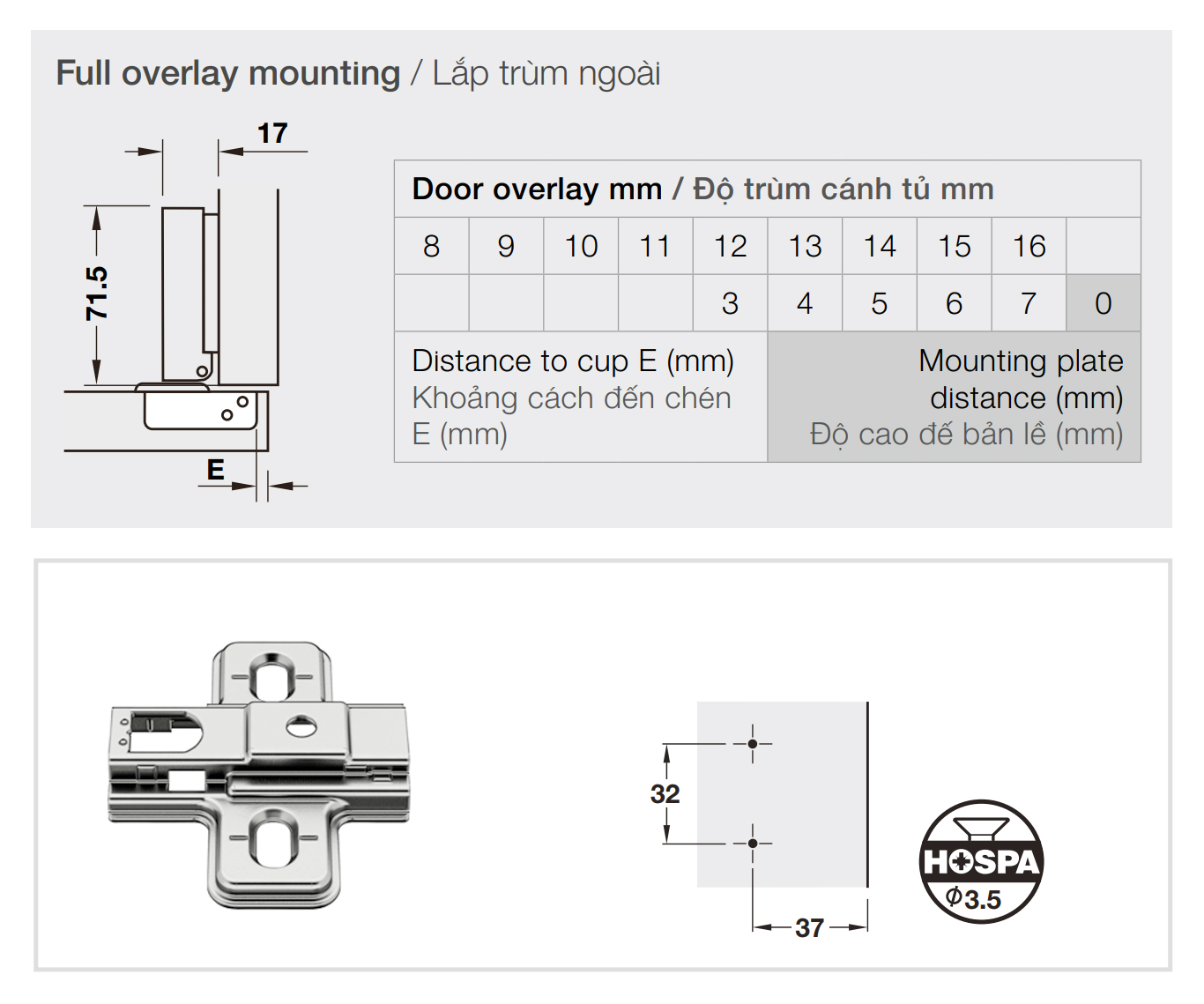 Kích thước lắp đặt | Bản lề giảm chấn thép mạ Nickel lắp trùm ngoài Metalla SM 95º MINI kèm đế Hafele 311.04.440 + 311.71.500 Kích thước lắp đặt | Bản lề giảm chấn thép mạ Nickel lắp trùm ngoài Metalla SM 95º MINI kèm đế Hafele 311.04.440 + 311.71.500