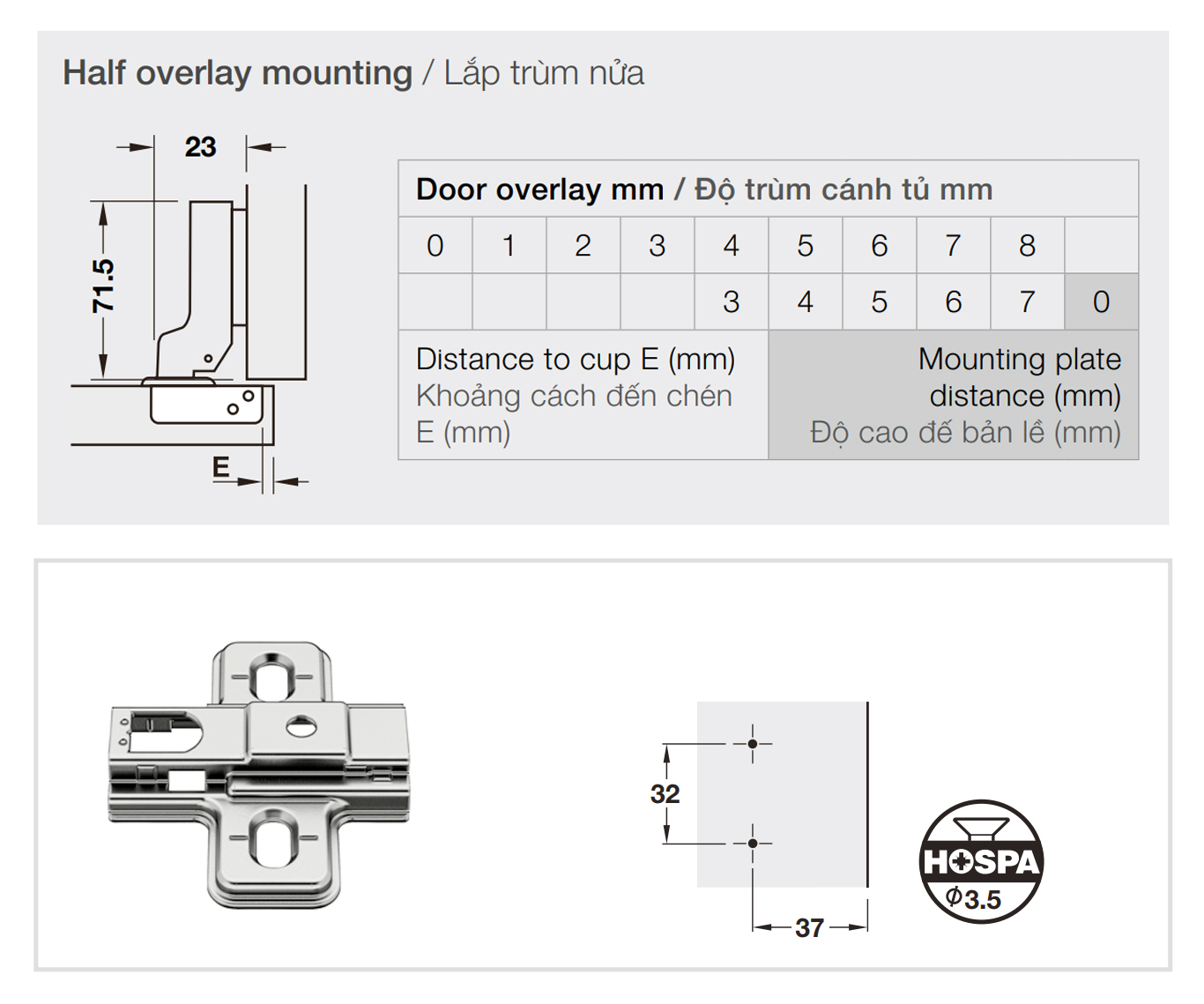 Kích thước lắp đặt | Bản lề giảm chấn thép mạ Nickel lắp trùm nửa Metalla SM 95º MINI kèm đế Hafele 311.04.441 + 311.71.500 Kích thước lắp đặt | Bản lề giảm chấn thép mạ Nickel lắp trùm nửa Metalla SM 95º MINI kèm đế Hafele 311.04.441 + 311.71.500