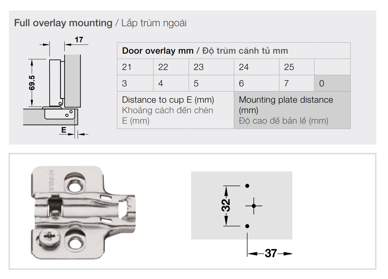Kích thước lắp đặt | Bản lề giảm chấn thép mạ Niken màu sáng lắp trùm ngoài Metalla SM 95º cho cửa gỗ dày kèm đế Hafele 315.08.850 + 315.98.670 Kích thước lắp đặt | Bản lề giảm chấn thép mạ Niken màu sáng lắp trùm ngoài Metalla SM 95º cho cửa gỗ dày kèm đế Hafele 315.08.850 + 315.98.670