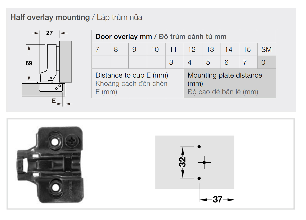 Kích thước lắp đặt | Bản lề giảm chấn thép mạ Niken màu đen lắp trùm nửa Metalla SM 95º cho cửa gỗ dày kèm đế Hafele 308.03.004 + 315.98.656 Kích thước lắp đặt | Bản lề giảm chấn thép mạ Niken màu đen lắp trùm nửa Metalla SM 95º cho cửa gỗ dày kèm đế Hafele 308.03.004 + 315.98.656