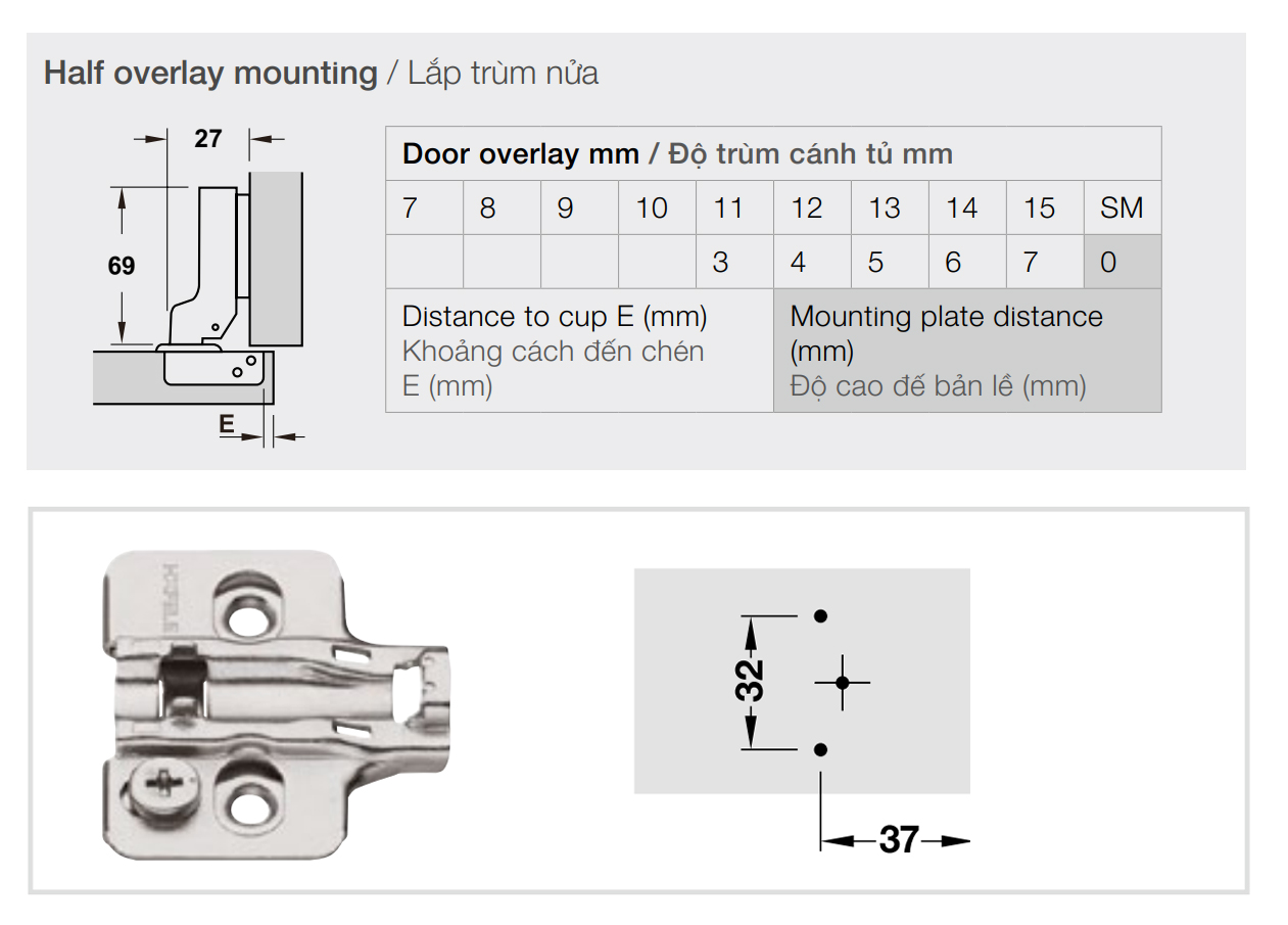 Kích thước lắp đặt | Bản lề giảm chấn thép mạ Niken màu sáng lắp trùm nửa Metalla SM 95º cho cửa gỗ dày kèm đế Hafele 315.08.851 + 315.98.670 Kích thước lắp đặt | Bản lề giảm chấn thép mạ Niken màu sáng lắp trùm nửa Metalla SM 95º cho cửa gỗ dày kèm đế Hafele 315.08.851 + 315.98.670