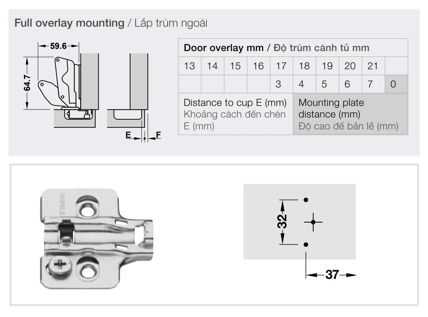 Kích thước lắp đặt | Bản lề giảm chấn thép mạ Niken màu sáng lắp trùm ngoài Metalla SM 165º kèm đế Hafele 315.02.750 + 315.98.670 Kích thước lắp đặt | Bản lề giảm chấn thép mạ Niken màu sáng lắp trùm ngoài Metalla SM 165º kèm đế Hafele 315.02.750 + 315.98.670