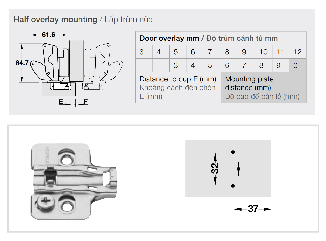 Kích thước lắp đặt | Bản lề giảm chấn thép mạ Niken màu sáng lắp trùm nửa Metalla SM 165º kèm đế Hafele 315.02.751 + 315.98.670 Kích thước lắp đặt | Bản lề giảm chấn thép mạ Niken màu sáng lắp trùm nửa Metalla SM 165º kèm đế Hafele 315.02.751 + 315.98.670
