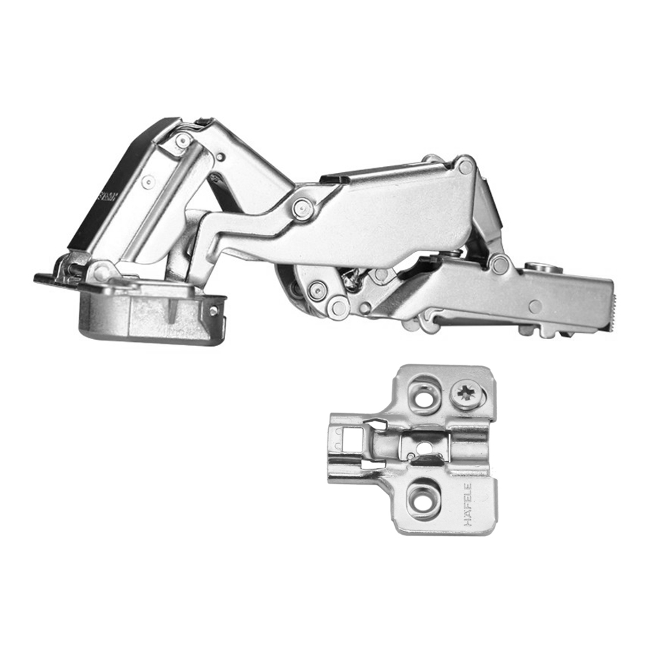 Bản lề giảm chấn thép mạ Niken màu sáng lắp trùm nửa Metalla SM 165º kèm đế Hafele 315.02.751 + 315.98.670