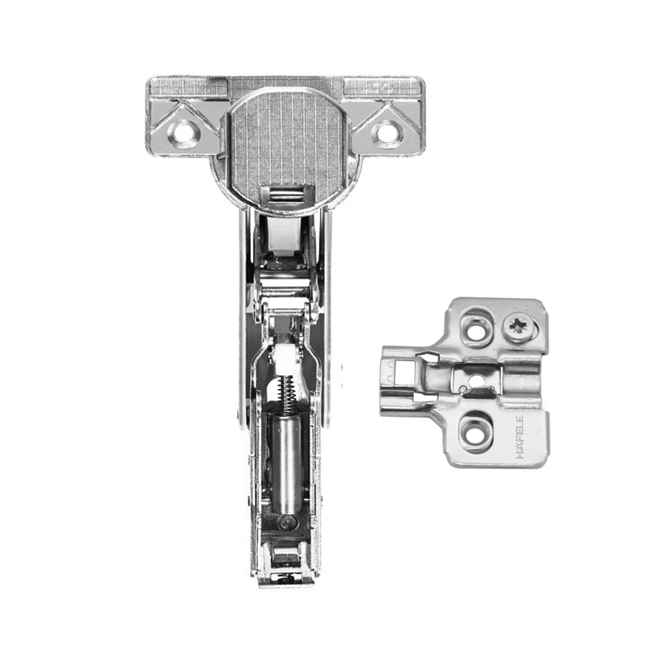 Bản lề giảm chấn thép mạ Niken màu sáng lắp trùm nửa Metalla SM 165º kèm đế Hafele 315.02.751 + 315.98.670