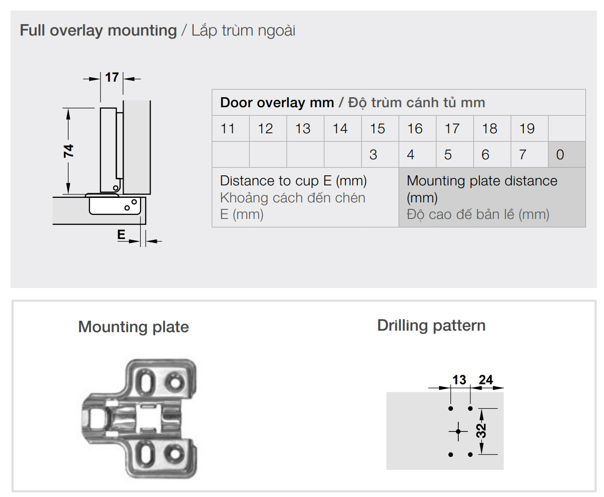 Kích thước lắp đặt | Bản lề không giảm chấn INOX SUS304 lắp trùm ngoài Metalla SM 110º kèm đế Hafele 315.06.350 + 315.98.570 Kích thước lắp đặt | Bản lề không giảm chấn INOX SUS304 lắp trùm ngoài Metalla SM 110º kèm đế Hafele 315.06.350 + 315.98.570