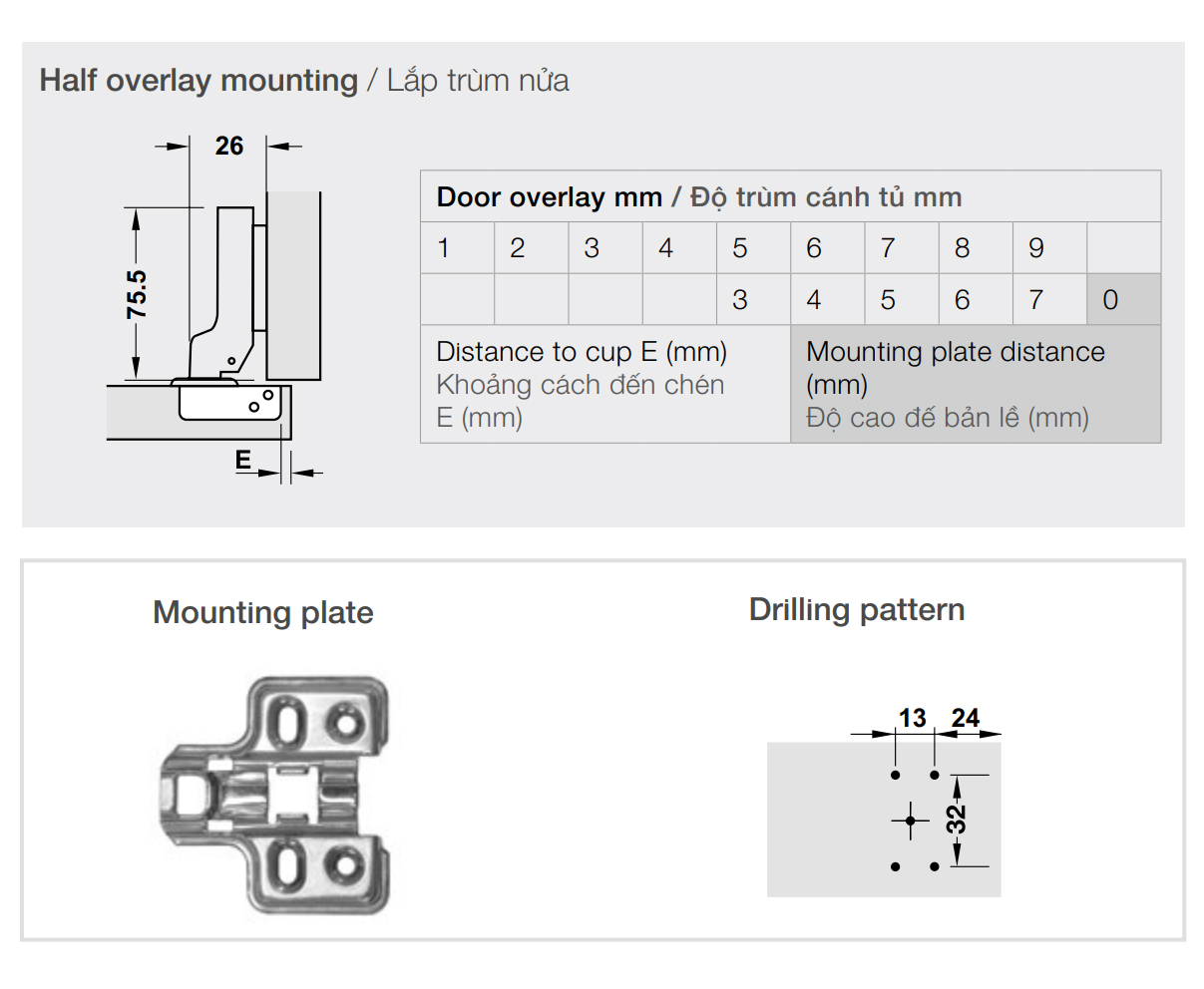 Kích thước lắp đặt | Bản lề không giảm chấn INOX SUS304 lắp trùm nửa Metalla SM 110º kèm đế Hafele 315.06.351 + 315.98.570 Kích thước lắp đặt | Bản lề không giảm chấn INOX SUS304 lắp trùm nửa Metalla SM 110º kèm đế Hafele 315.06.351 + 315.98.570