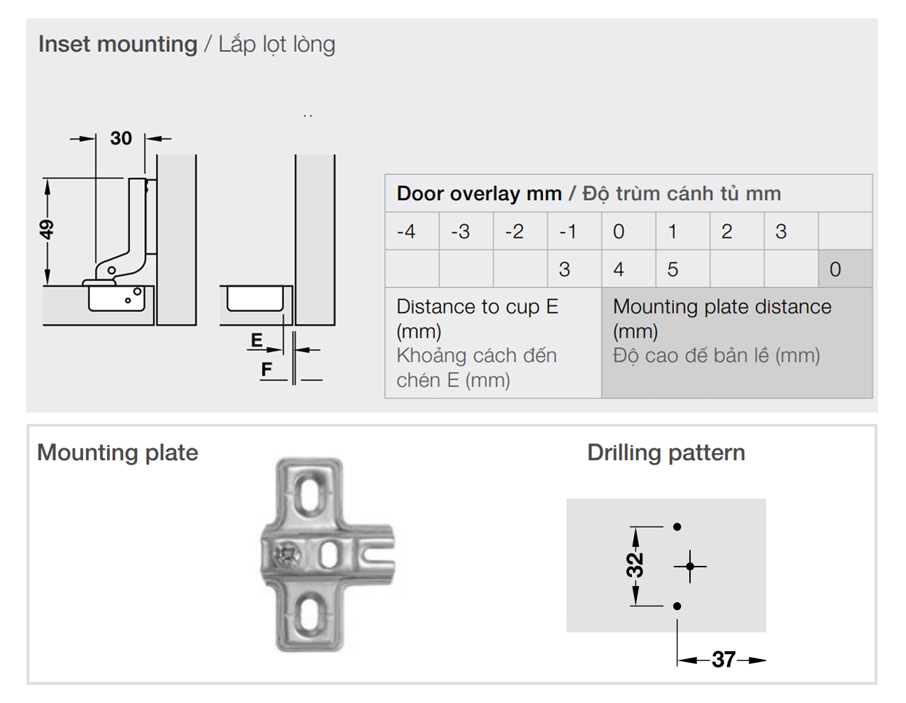 Kích thước lắp đặt | Bản lề không giảm chấn thép mạ Nickel lắp lọt lòng Metalla A 95º MINI kèm đế Hafele 311.01.072 + 311.01.076 Kích thước lắp đặt | Bản lề không giảm chấn thép mạ Nickel lắp lọt lòng Metalla A 95º MINI kèm đế Hafele 311.01.072 + 311.01.076
