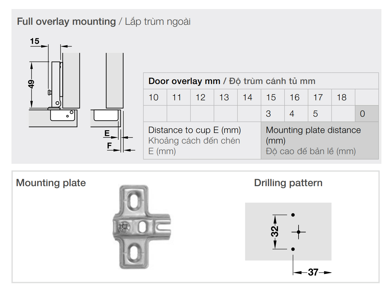 Kích thước lắp đặt | Bản lề không giảm chấn thép mạ Nickel lắp trùm ngoài Metalla A 95º MINI kèm đế Hafele 311.01.070 + 311.01.076 Kích thước lắp đặt | Bản lề không giảm chấn thép mạ Nickel lắp trùm ngoài Metalla A 95º MINI kèm đế Hafele 311.01.070 + 311.01.076