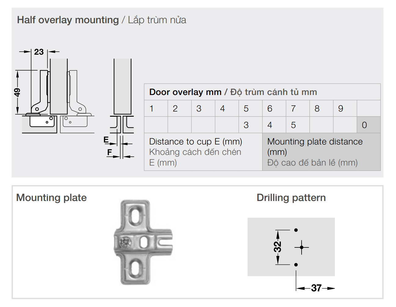 Kích thước lắp đặt | Bản lề không giảm chấn thép mạ Nickel lắp trùm nửa Metalla A 95º MINI kèm đế Hafele 311.01.071 + 311.01.076 Kích thước lắp đặt | Bản lề không giảm chấn thép mạ Nickel lắp trùm nửa Metalla A 95º MINI kèm đế Hafele 311.01.071 + 311.01.076