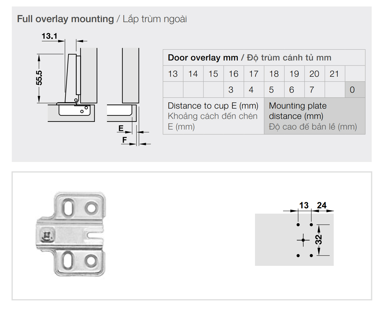 Kích thước lắp đặt | Bản lề không giảm chấn thép mạ Niken lắp trùm ngoài Metalla A 110º kèm đế Hafele 315.31.550 + 315.98.780 Kích thước lắp đặt | Bản lề không giảm chấn thép mạ Niken lắp trùm ngoài Metalla A 110º kèm đế Hafele 315.31.550 + 315.98.780