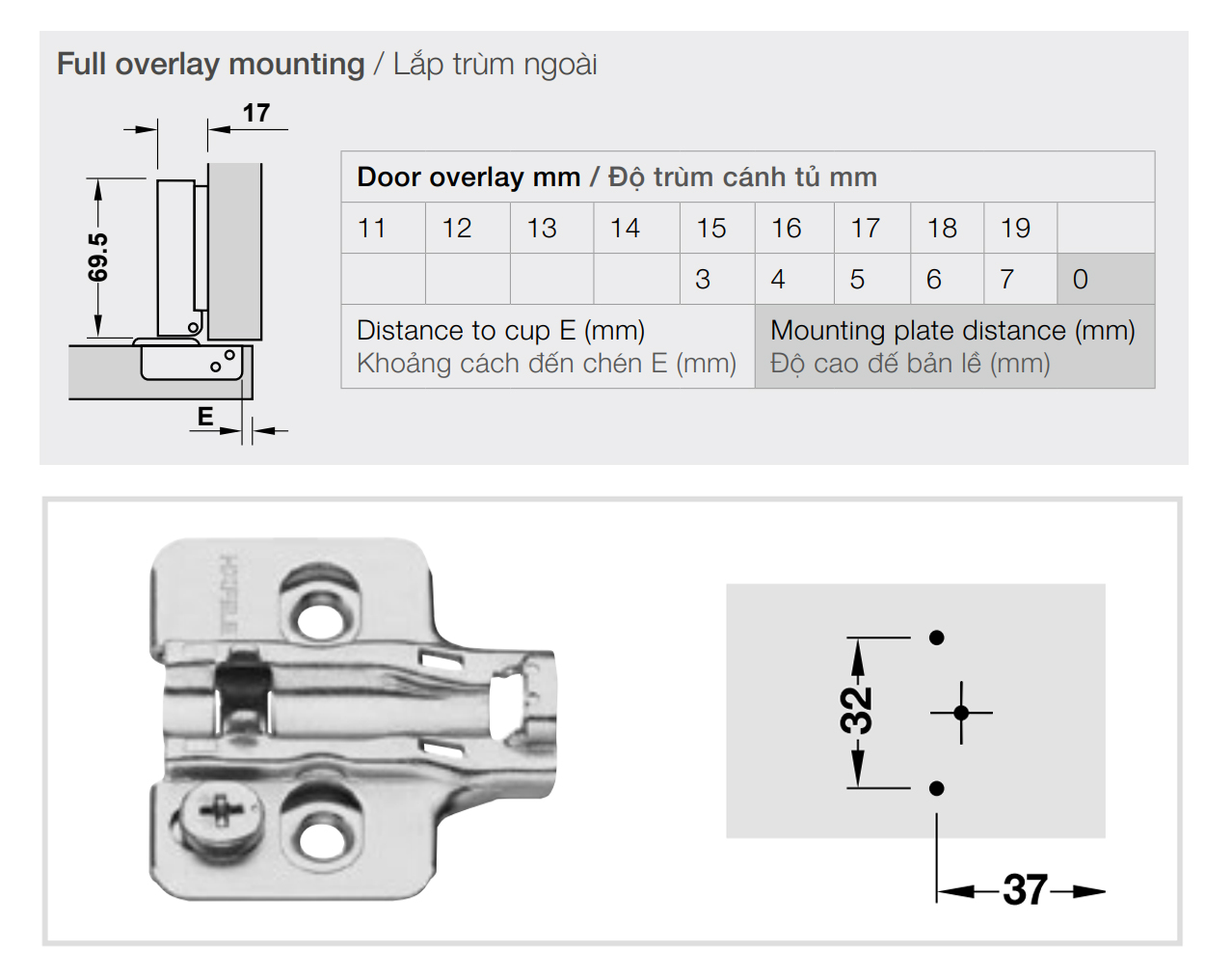 Kích thước lắp đặt | Bản lề không giảm chấn thép mạ Niken lắp trùm ngoài Metalla SM 110º kèm đế Hafele 315.18.300 + 315.98.670 Kích thước lắp đặt | Bản lề không giảm chấn thép mạ Niken lắp trùm ngoài Metalla SM 110º kèm đế Hafele 315.18.300 + 315.98.670
