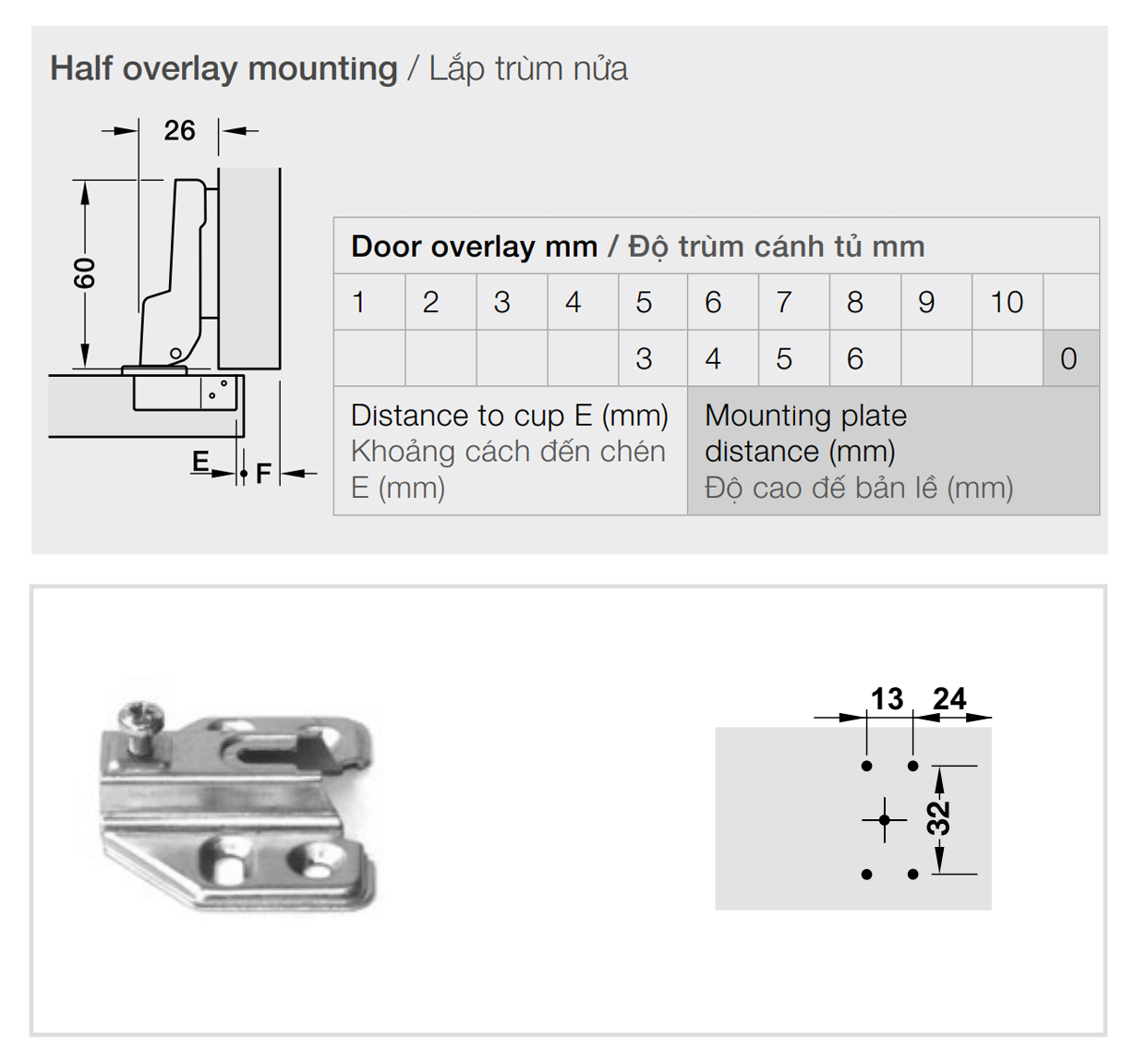 Kích thước lắp đặt | Bản lề không giảm chấn thép mạ Niken lắp trùm nửa Metalla A 110º kèm đế Hafele 311.88.531 + 311.03.104 Kích thước lắp đặt | Bản lề không giảm chấn thép mạ Niken lắp trùm nửa Metalla A 110º kèm đế Hafele 311.88.531 + 311.03.104