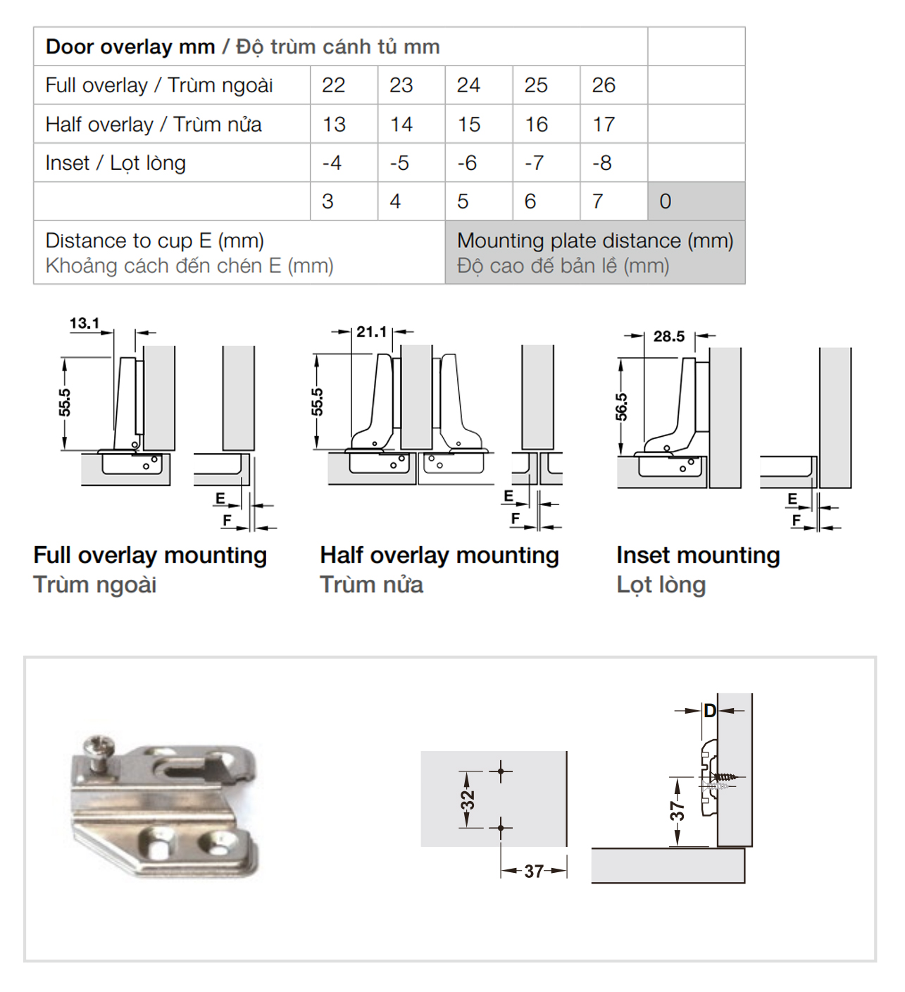 Kích thước lắp đặt | Bản lề không giảm chấn thép mạ Niken Metalla A 95º cho cửa gỗ dày kèm đế Hafele Kích thước lắp đặt | Bản lề không giảm chấn thép mạ Niken Metalla A 95º cho cửa gỗ dày kèm đế Hafele
