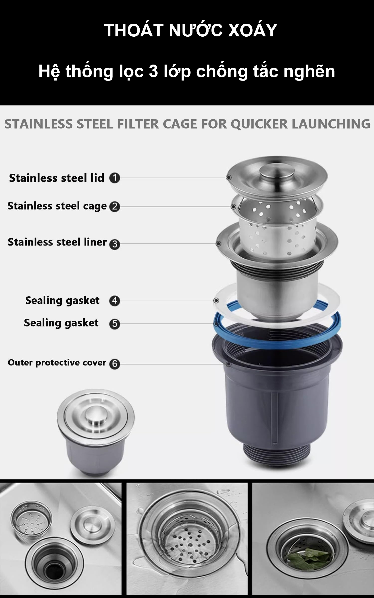 Thiết kế tối ưu đa lớp, khả năng lọc triệt để, giữ lại toàn bộ cặn bẩn và thoát hết nước, chống tắc nghẽn