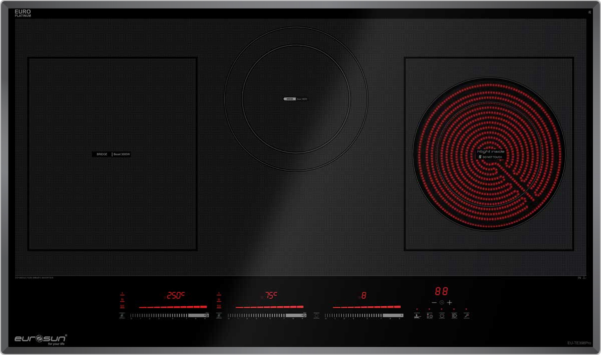 Bếp điện từ Eurosun EU-TE398Pro sử dụng bảng điều khiển cảm ứng Slider Control hiện đại với 9 cấp độ công suất nhiệt độ khác nhau