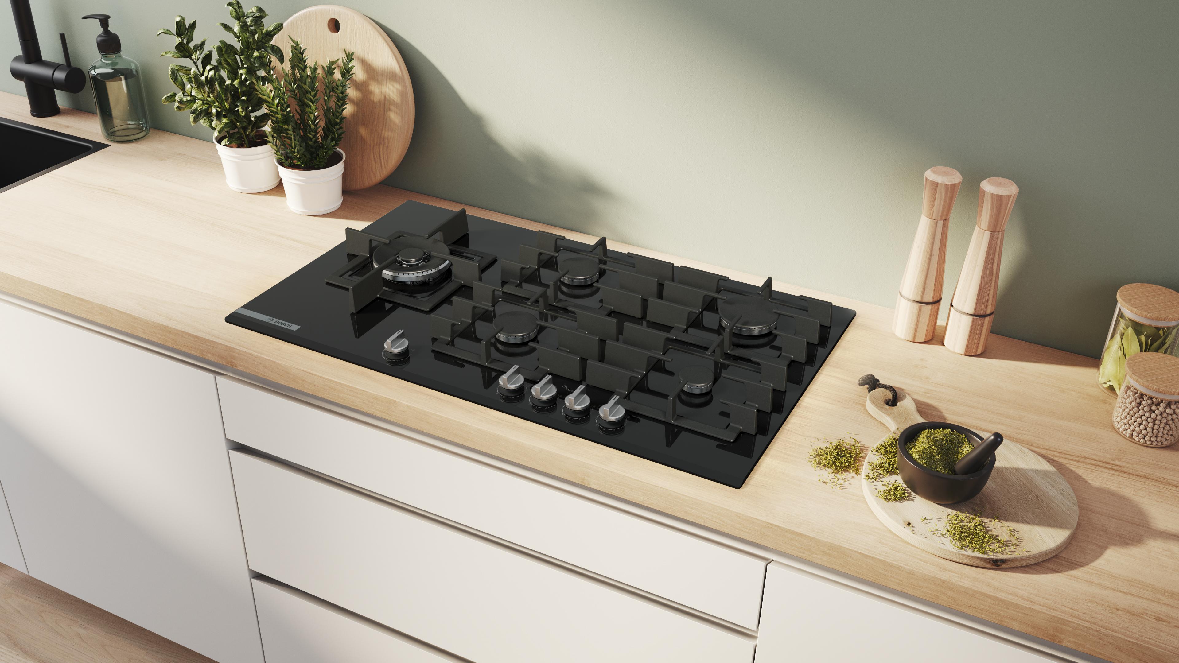 Bếp gas âm 5 vùng nấu 90cm mặt kính đen Serie 8 Bosch PRS9A6H40