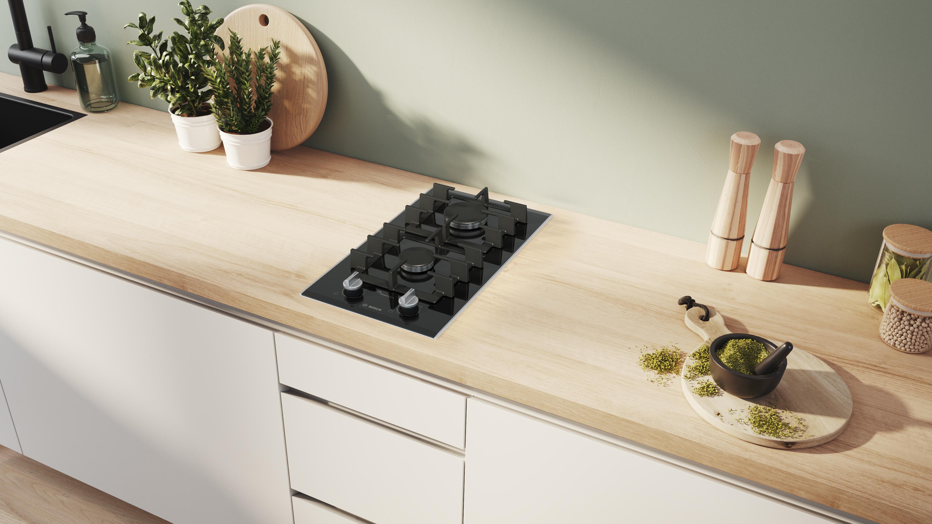 Bếp gas âm Domino 2 vùng nấu 30cm mặt kính đen Serie 8 Bosch PRB3A6I40