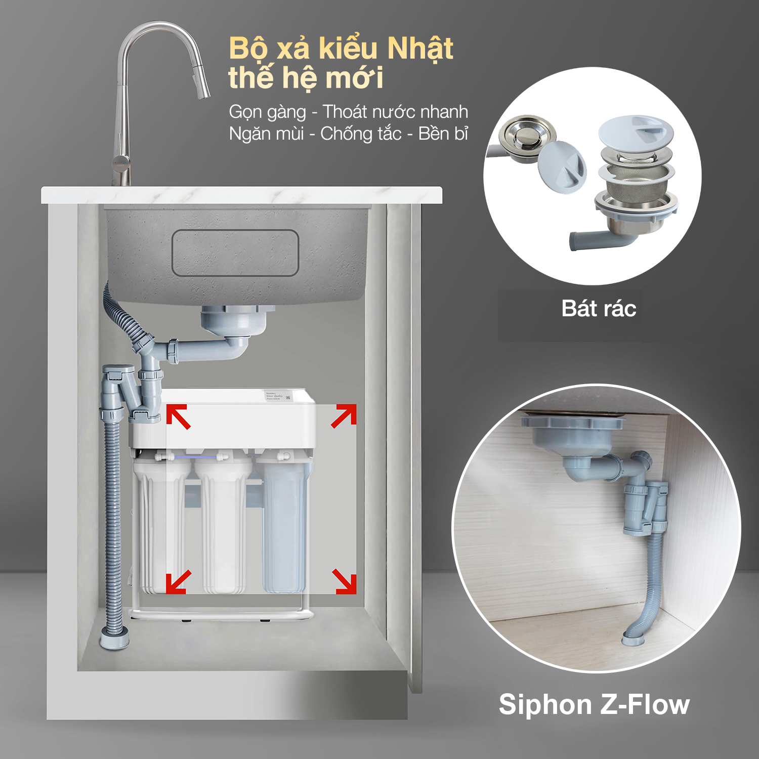Siphon Z-Flow™ Structure kiểu Nhật Bản thế hệ mới được tích hợp trên chậu rửa bát Garis GS11.78 giúp giảm chiều cao của ống thoát nước so với ống uốn cong truyền thống Siphon Z-Flow™ Structure kiểu Nhật Bản thế hệ mới được tích hợp trên chậu rửa bát Garis GS11.78 giúp giảm chiều cao của ống thoát nước so với ống uốn cong truyền thống