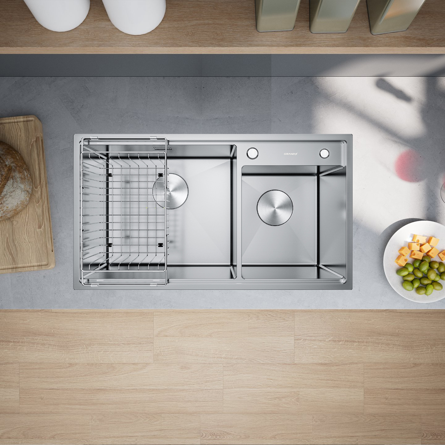 Chậu rửa 2 hố lệch cao cấp | GrandX GX8648DS Smooth | 86 x 48cm Chậu rửa 2 hố lệch cao cấp | GrandX GX8648DS Smooth | 86 x 48cm