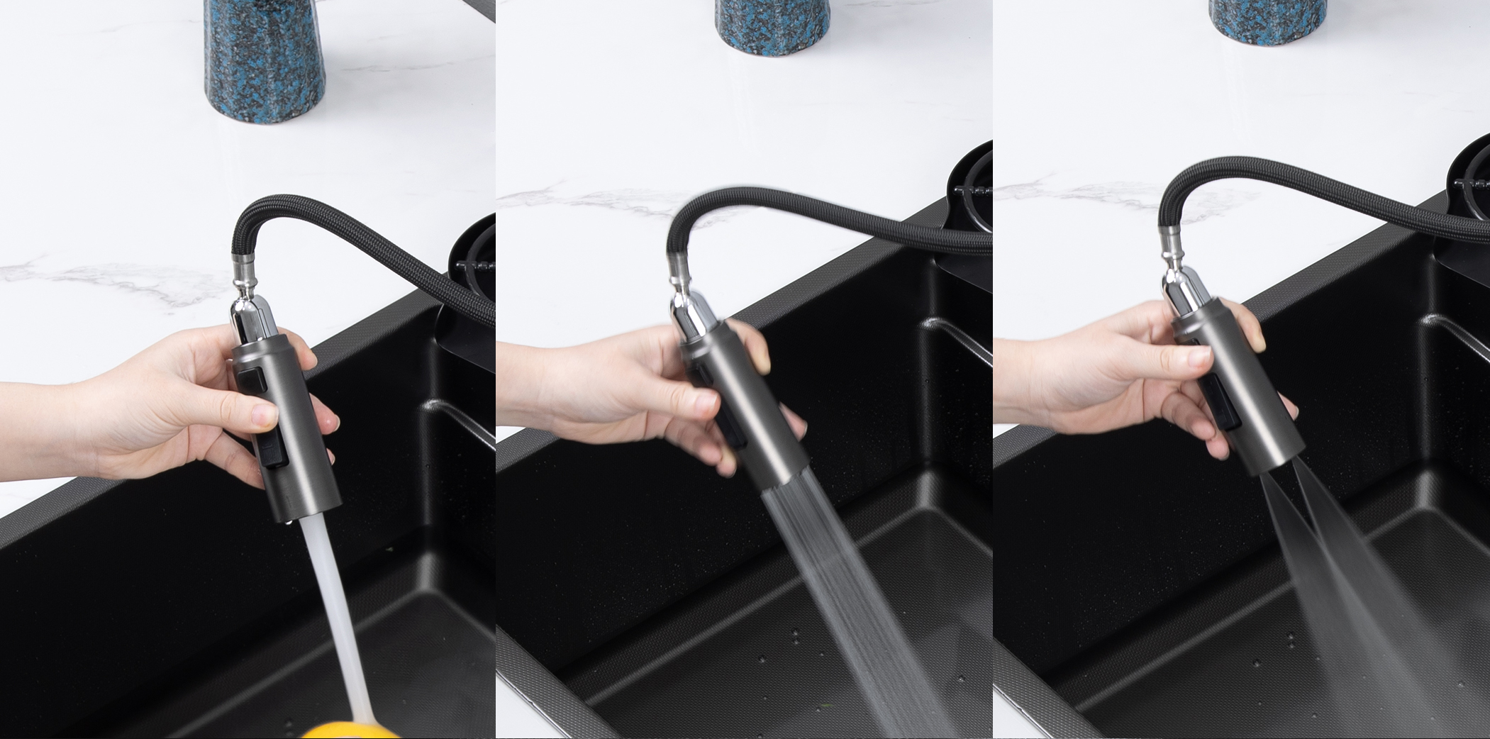 Đi cùng chậu là vòi rửa dây rút nóng lạnh tiện nghi với 03 chế độ xả nước. Sử dụng vòi rửa bát giúp tăng trải nghiệm và hoàn hảo hơn trong không gian bếp.