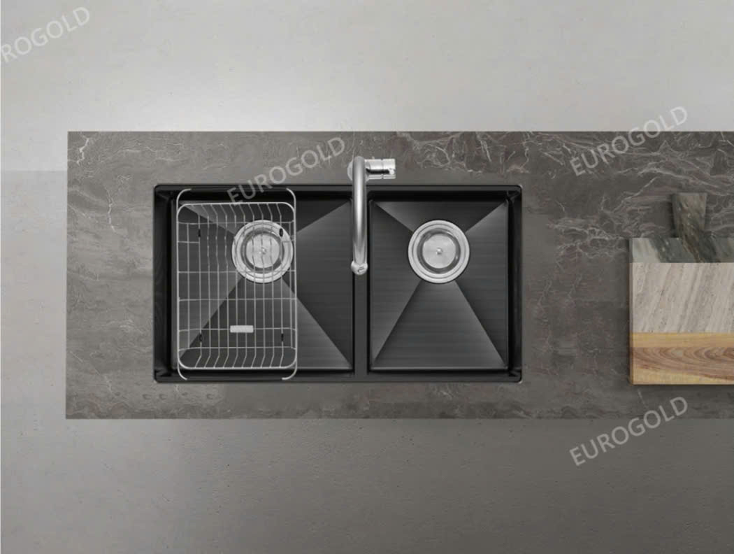 Chậu rửa 2 hố lệch cao cấp lắp âm thế hệ mới | Eurogold EUC28245GD | màu đen | 82 x 45cm Chậu rửa 2 hố lệch cao cấp lắp âm thế hệ mới | Eurogold EUC28245GD | màu đen | 82 x 45cm