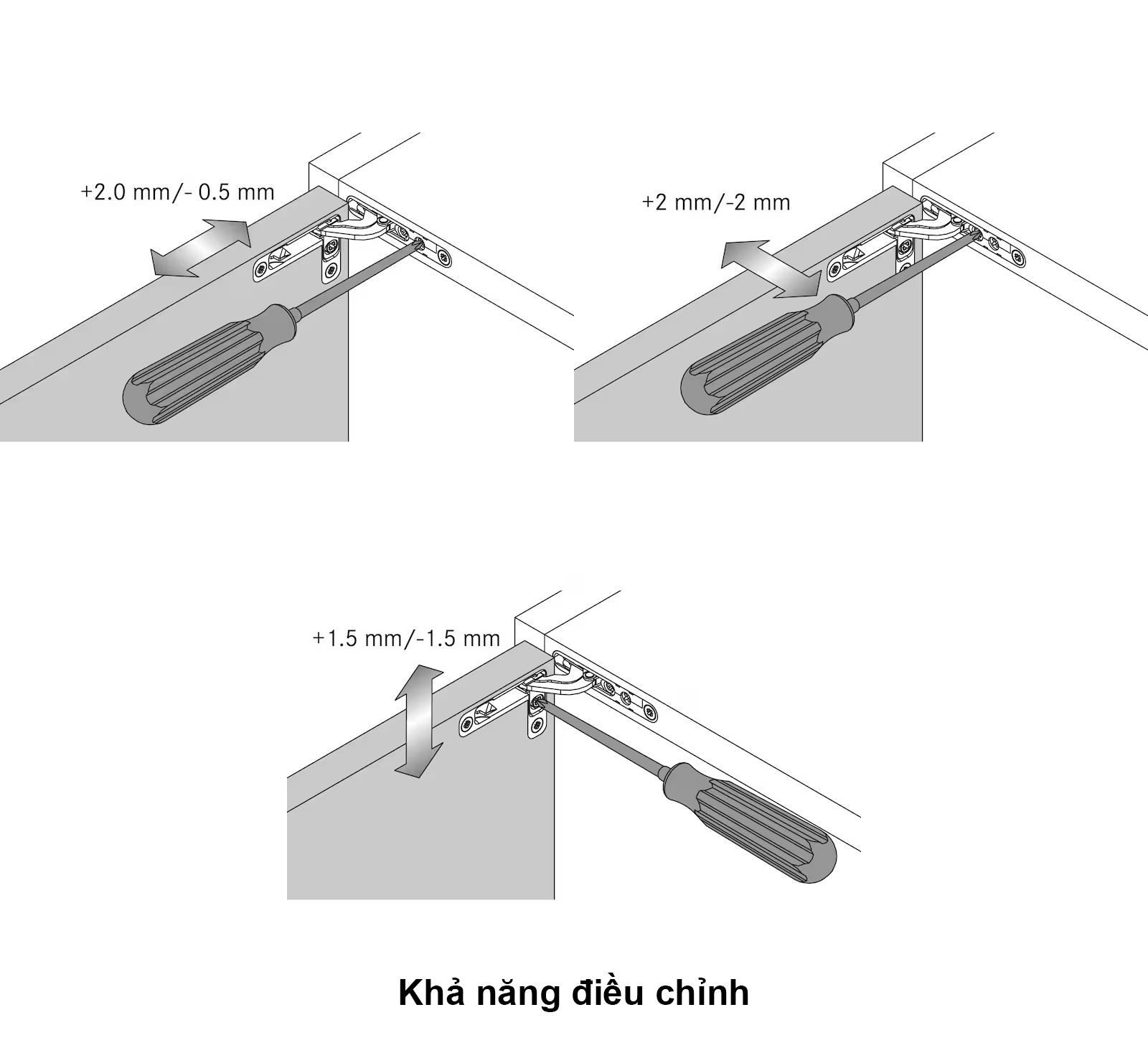 Khả năng điều chỉnh | Bản lề âm 3 chiều cho cửa gỗ và khung nhôm có giảm chấn màu đen Hafele 342.79.300 Khả năng điều chỉnh | Bản lề âm 3 chiều cho cửa gỗ và khung nhôm có giảm chấn màu đen Hafele 342.79.300