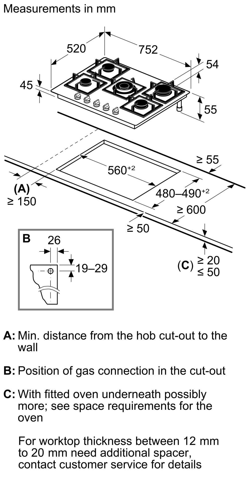 Kích thước lắp đặt sản phẩm | Bếp gas âm 5 vùng nấu 75cm mặt kính đen Serie 6 Bosch PPQ7A6I40 Kích thước lắp đặt sản phẩm | Bếp gas âm 5 vùng nấu 75cm mặt kính đen Serie 6 Bosch PPQ7A6I40