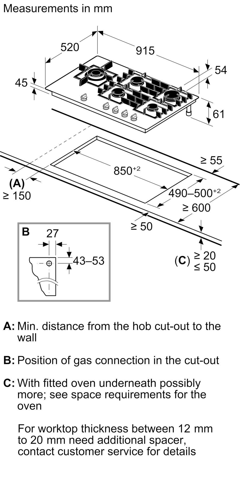 Kích thước lắp đặt sản phẩm | Bếp gas âm 5 vùng nấu 90cm mặt kính đen Serie 8 Bosch PRS9A6H40 Kích thước lắp đặt sản phẩm | Bếp gas âm 5 vùng nấu 90cm mặt kính đen Serie 8 Bosch PRS9A6H40