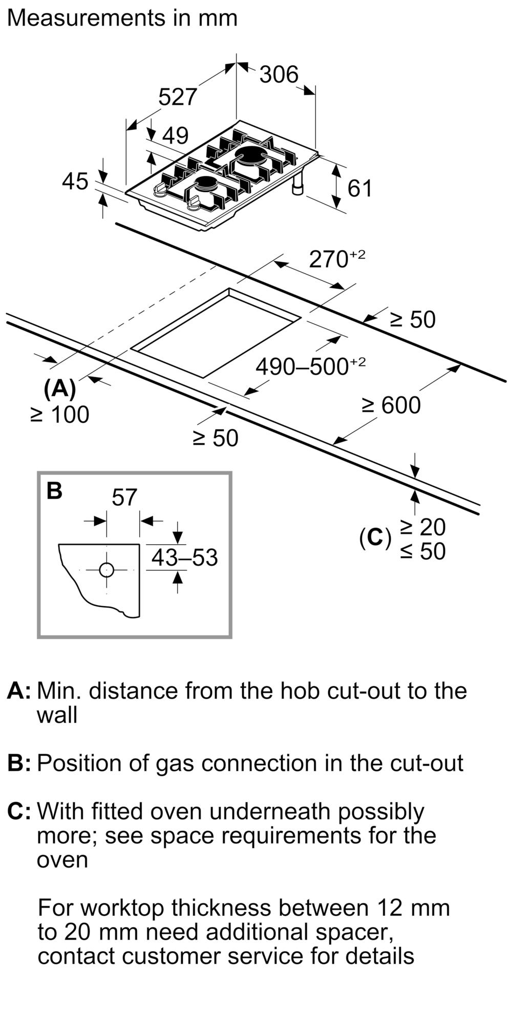 Kích thước lắp đặt sản phẩm | Bếp gas âm Domino 2 vùng nấu 30cm mặt kính đen Serie 8 Bosch PRB3A6I40 Kích thước lắp đặt sản phẩm | Bếp gas âm Domino 2 vùng nấu 30cm mặt kính đen Serie 8 Bosch PRB3A6I40