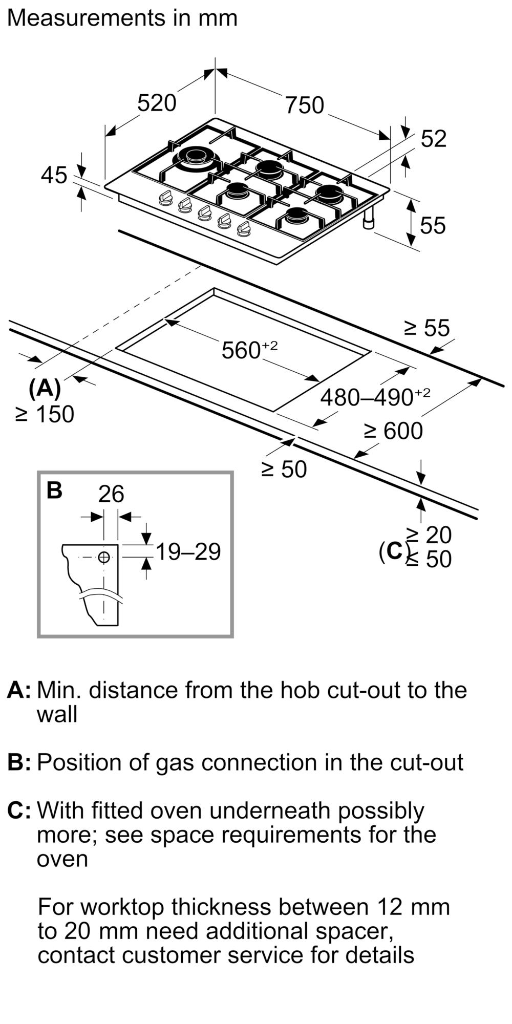 Kích thước lắp đặt sản phẩm | Bếp gas âm Inox 5 vùng nấu 75cm Serie 6 Bosch PCS7A5I90 Kích thước lắp đặt sản phẩm | Bếp gas âm Inox 5 vùng nấu 75cm Serie 6 Bosch PCS7A5I90