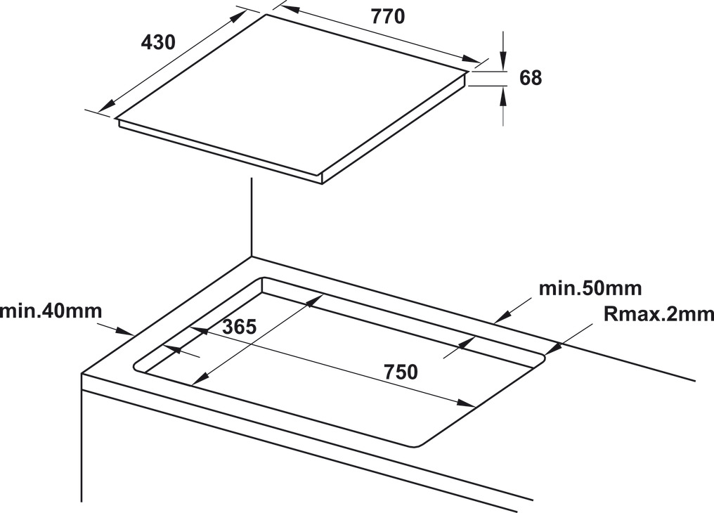 Kích thước lắp đặt | Bếp từ 3 vùng nấu Inverter nhập khẩu Tây Ban Nha 77cm Hafele HC-IF77D | 536.61.665 Kích thước lắp đặt | Bếp từ 3 vùng nấu Inverter nhập khẩu Tây Ban Nha 77cm Hafele HC-IF77D | 536.61.665