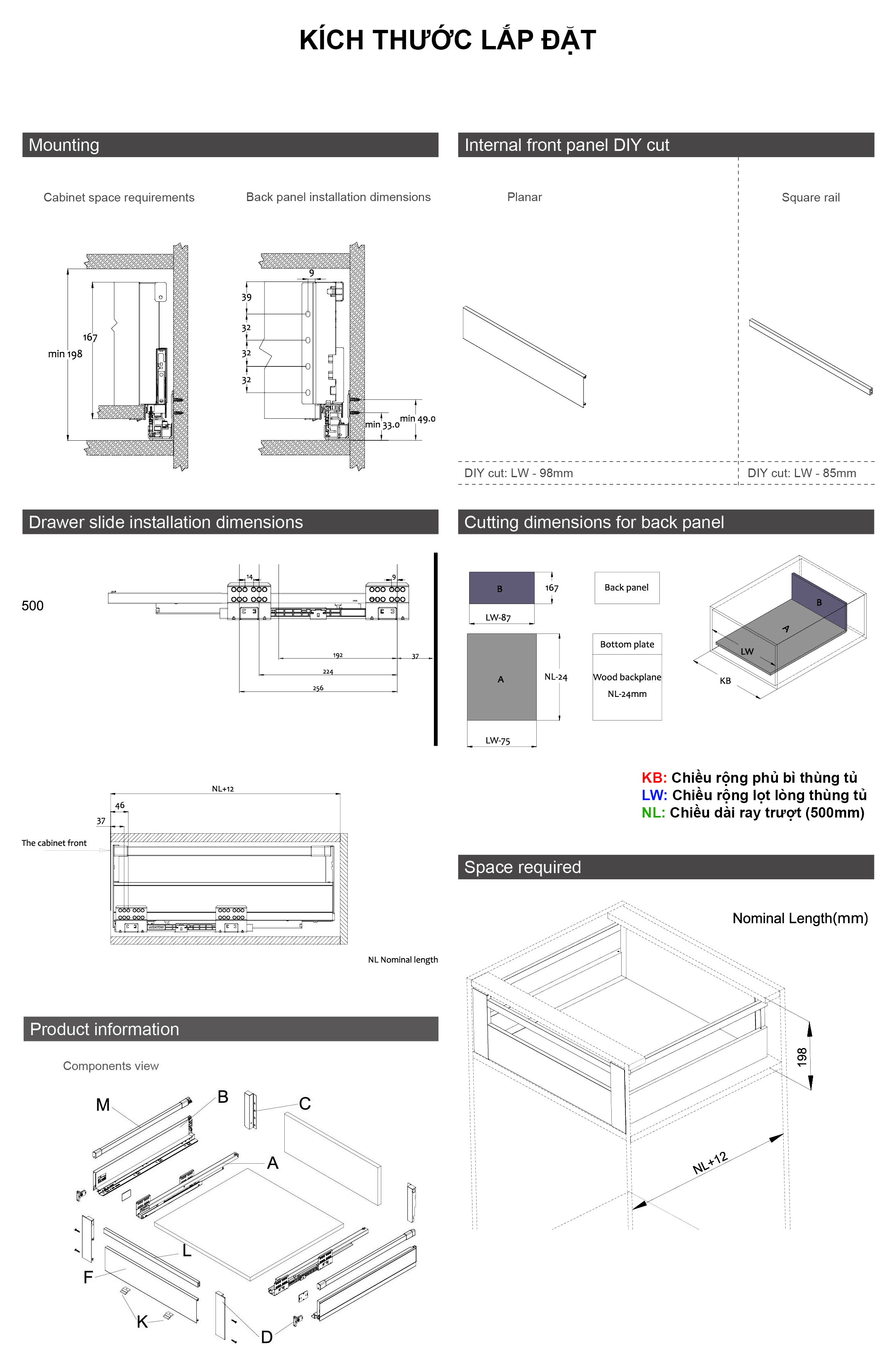 Kích thước lắp đặt | Bộ ray hộp 3 mặt màu ghi đậm, dài 500mm, thành cao 167mm, có thanh tăng cường Eurogold EKL23260 Kích thước lắp đặt | Bộ ray hộp 3 mặt màu ghi đậm, dài 500mm, thành cao 167mm, có thanh tăng cường Eurogold EKL23260