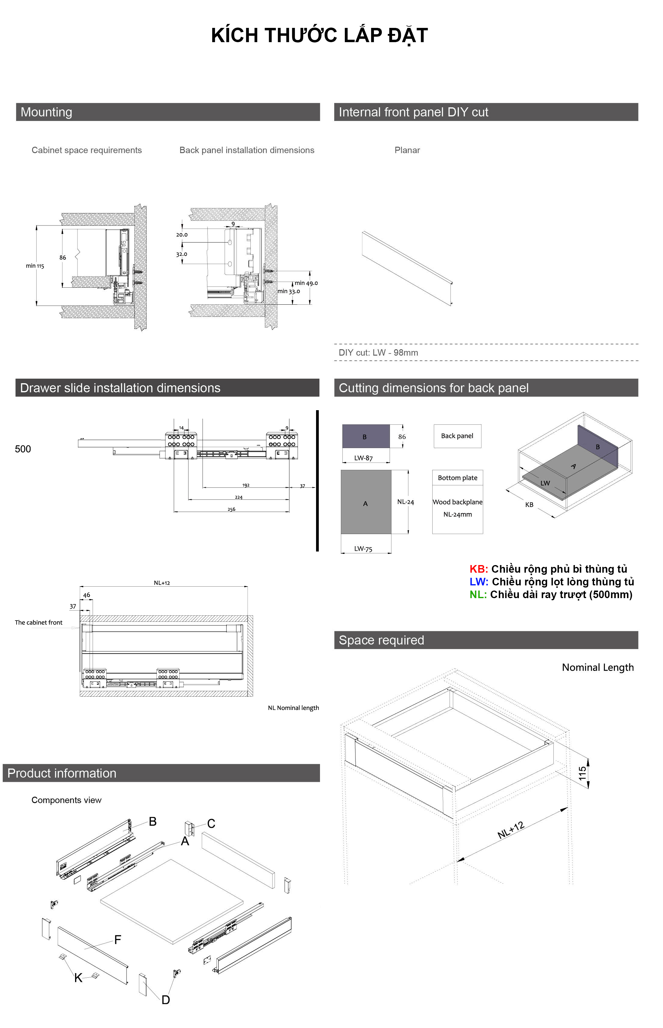 Kích thước lắp đặt | Bộ ray hộp 3 mặt màu ghi đậm, dài 500mm, thành thấp 86mm Eurogold EKL23160 Kích thước lắp đặt | Bộ ray hộp 3 mặt màu ghi đậm, dài 500mm, thành thấp 86mm Eurogold EKL23160