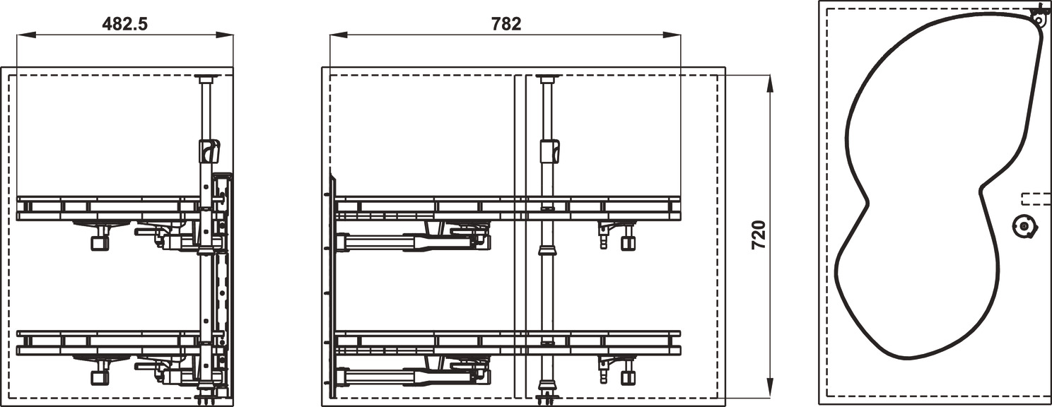 Kích thước lắp đặt | Kệ góc liên hoàn hình lá thép phủ Nano Hafele Olla Move Kích thước lắp đặt | Kệ góc liên hoàn hình lá thép phủ Nano Hafele Olla Move