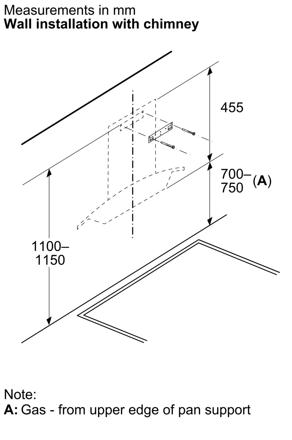 Khoảng cách tiêu chuẩn lắp đặt | Máy hút mùi áp tường kính cong màu đen 60cm Serie 4 Bosch DWA68IJ60I Khoảng cách tiêu chuẩn lắp đặt | Máy hút mùi áp tường kính cong màu đen 60cm Serie 4 Bosch DWA68IJ60I