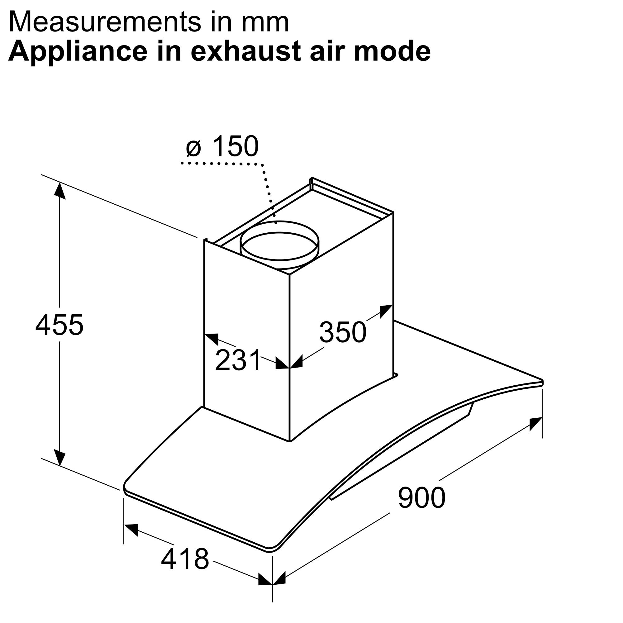 Kích thước tổng thể | Máy hút mùi áp tường kính cong màu đen 90cm Serie 4 Bosch DWA98IJ60I Kích thước tổng thể | Máy hút mùi áp tường kính cong màu đen 90cm Serie 4 Bosch DWA98IJ60I