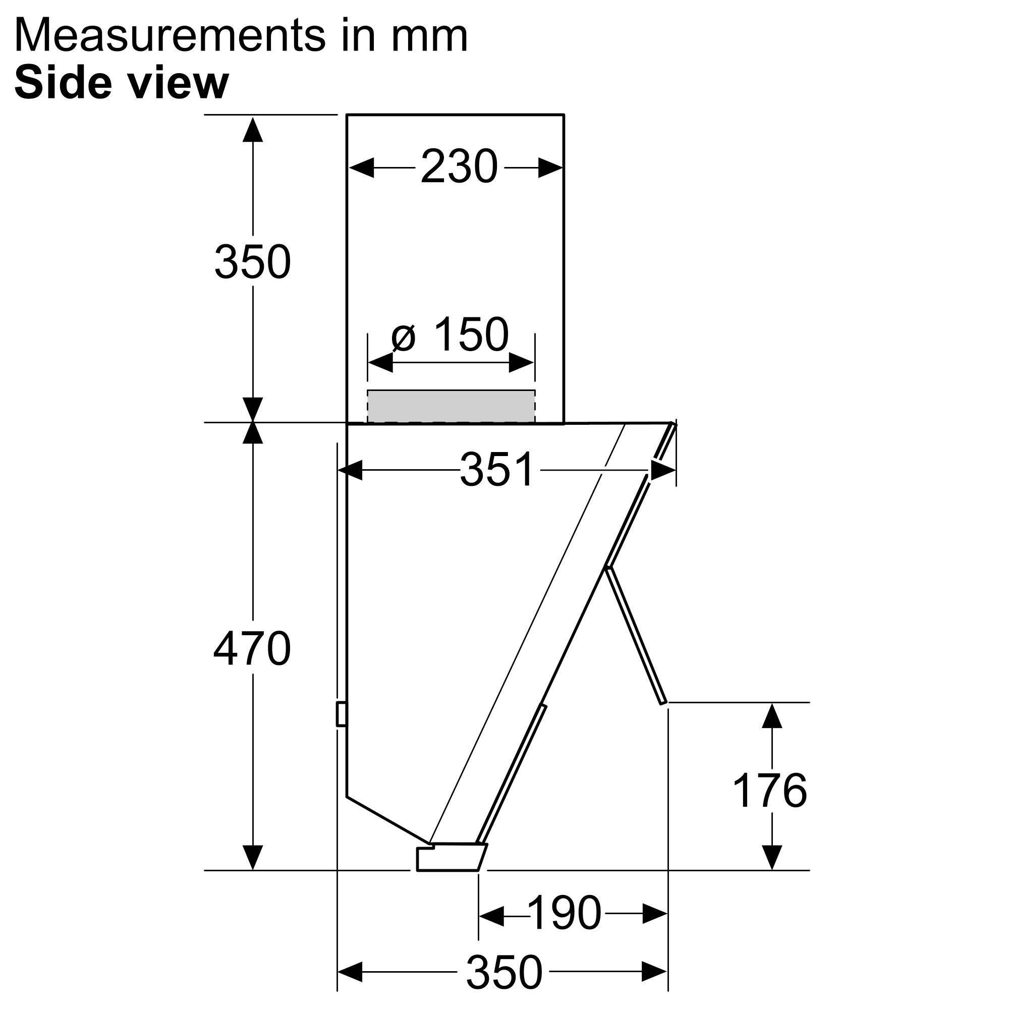 Kích thước bên hông | Máy hút mùi áp tường kính vát màu đen 90cm Serie 4 Bosch DWK98IJ60I Kích thước bên hông | Máy hút mùi áp tường kính vát màu đen 90cm Serie 4 Bosch DWK98IJ60I