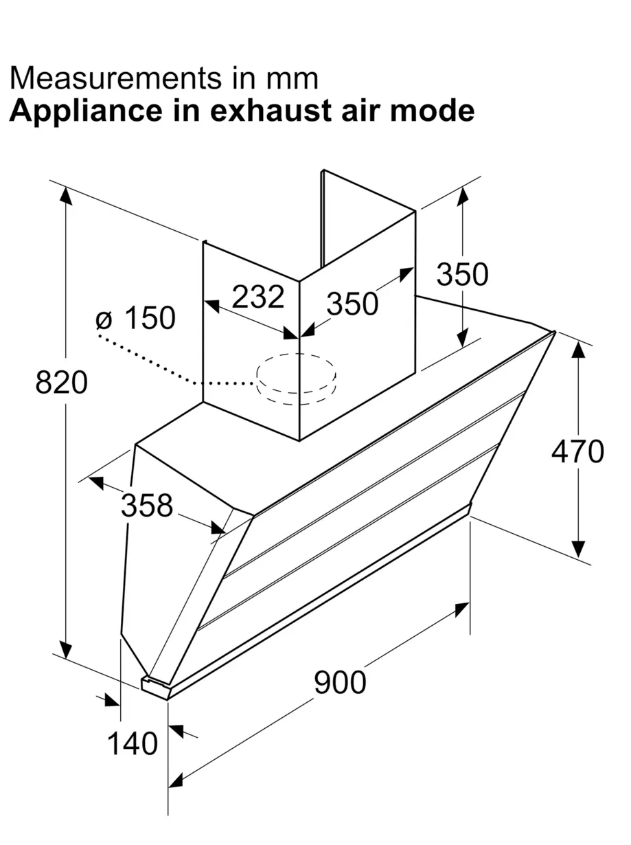 Kích thước sản phẩm | Máy hút mùi áp tường kính vát màu đen 90cm Serie 4 Bosch DWK98IJ60I Kích thước sản phẩm | Máy hút mùi áp tường kính vát màu đen 90cm Serie 4 Bosch DWK98IJ60I