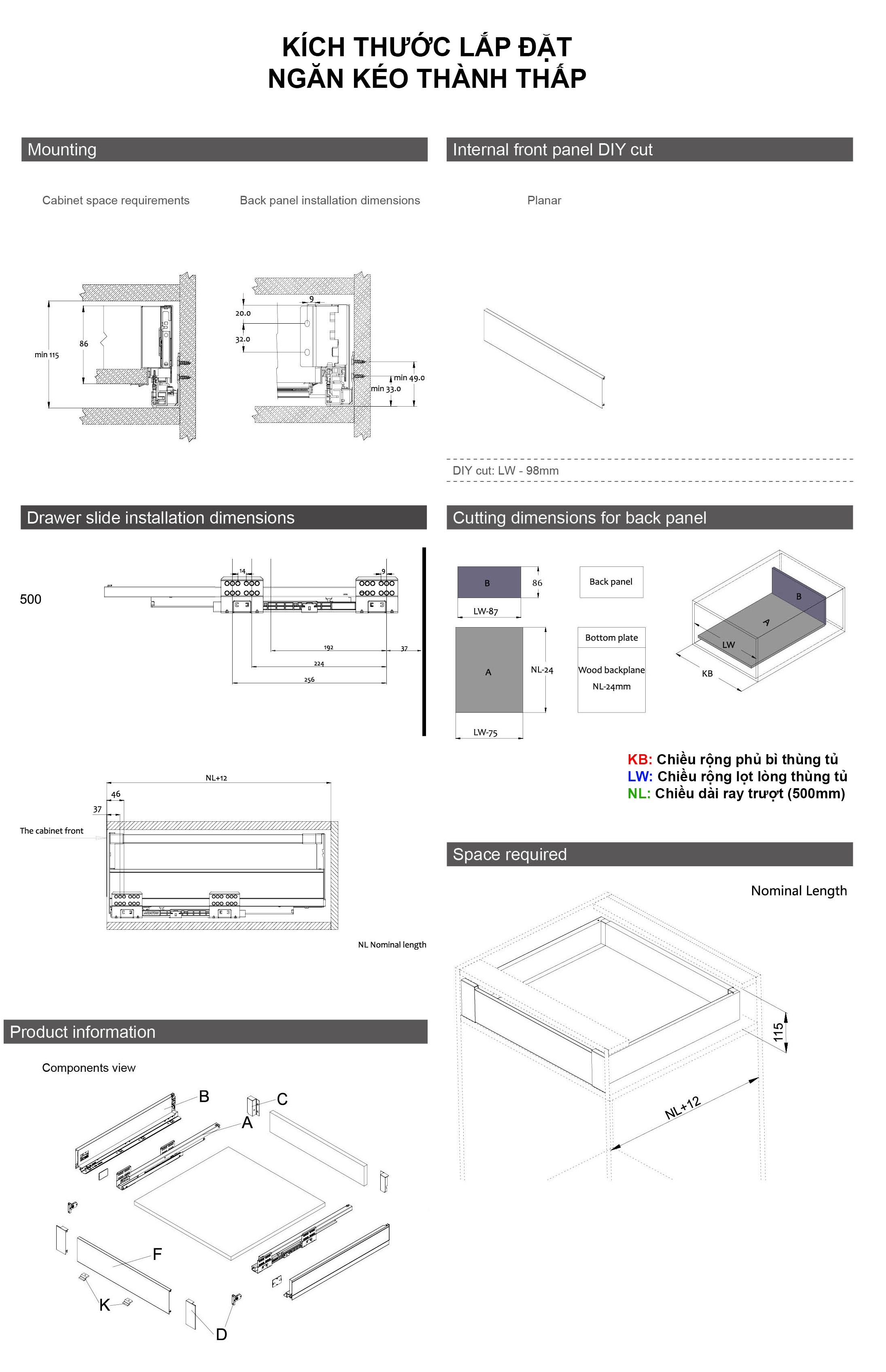 Kích thước lắp đặt ngăn kéo thành thấp Kích thước lắp đặt ngăn kéo thành thấp