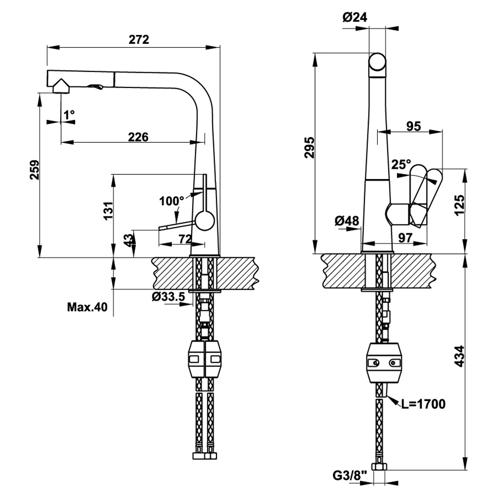 Kích thước sản phẩm | Vòi rửa nóng lạnh dây rút đồng mạ Chrome & đá Granite màu kem Hafele HT20-GH1P259 | 570.82.500 Kích thước sản phẩm | Vòi rửa nóng lạnh dây rút đồng mạ Chrome & đá Granite màu kem Hafele HT20-GH1P259 | 570.82.500